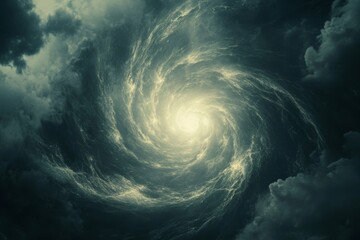 A swirling vortex of clouds creates a dramatic and ethereal scene in the sky.