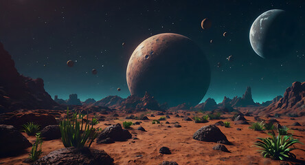 Pixelated 8-bit style space planet surface background with craters, alien plants, and floating rocks for a platformer game.