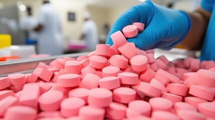 A pile of pink pills is seen in a pharmaceutical manufacturing lab, highlighting the production scale and the organized nature of the process in making medicines.