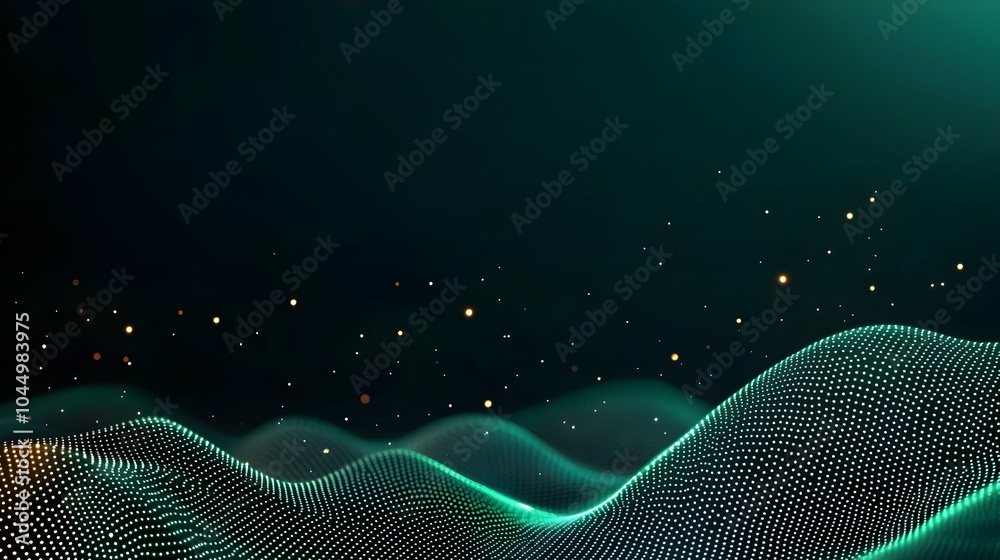Poster Futuristic digital landscape with glowing dots and connected lines representing the dynamic flow of generative and abstract data visualization on a dark backdrop