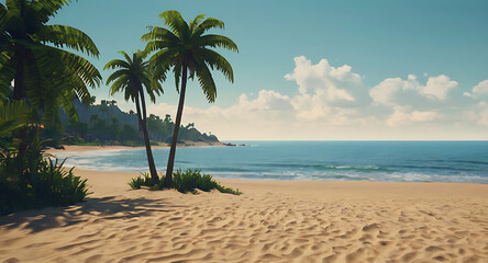 Obraz premium Pixelated 8-bit style tropical beach background with palm trees, sandy shores, and rolling waves for a platformer game.