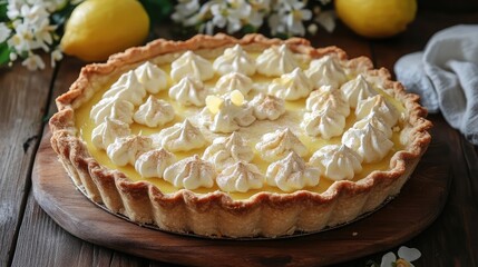 Homemade lemon pie with floral decorations on a wooden table