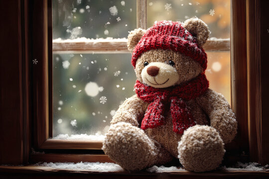 Cozy teddy bear in winter attire with a red knitted hat and scarf by a window, watching falling snowflakes and autumn leaves, creating a warm, nostalgic holiday mood