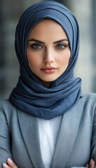 Naklejka premium Portrait of a Confident Young Muslim Businesswoman in a Blue Hijab. Diversity and Empowerment.