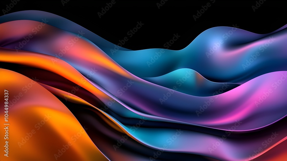 Poster Captivating iridescent 3D abstract design with smooth shimmering metallic curves and a rich dark background  This visually striking and ethereal artwork showcases a harmonious blend of color light