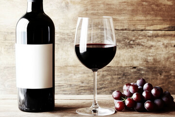 Obraz premium Red wine bottle and glass with grapes on a rustic wooden table