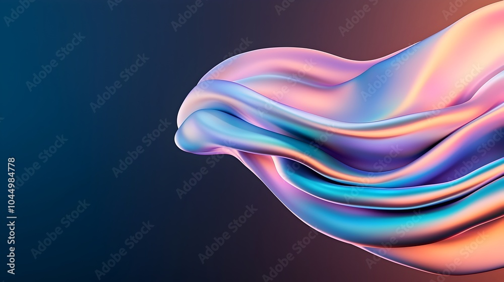 Poster Mesmerizing Iridescent 3D Shape Floating in Captivating Dark Ambiance with Soft Lighting Accents   Abstract Digital Art Visualization of Futuristic Geometric Form with Reflective Metallic Surface