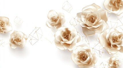 White roses with gold geometric pattern on a white background.
