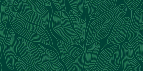 Green seamless pattern with linear tropical leaves. Background with line plants. Concentric circles