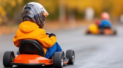 A child wearing a vibrant orange jacket and a helmet drives a go-kart on a track, with another racer in the background. The autumn foliage creates a dynamic scene.