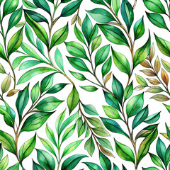 Fototapeta premium Vibrant watercolor botanical pattern featuring lush green leaves and delicate branches, perfect for natural decor and refreshing designs