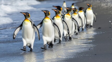 Fototapeta premium King penguins walking on the beach