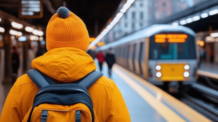 An individual in a bright orange jacket and beanie stands on a metro platform, anticipating the arrival of an incoming train as blurry surroundings highlight the station's atmosphere.