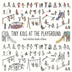 Set of tiny hand drawn children at the playground, diverse, happy, playful, in color as well as in black and white