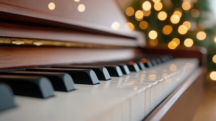 A classic wooden piano keyboard is captured in detail with a warm, glowing background, creating a cozy festive scene that invites music and celebration.