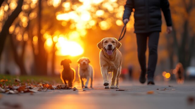 A group of adorable dogs eagerly walk during golden hour with their owner in an autumn park, their fur illuminated by the rich, golden hues of sunset.