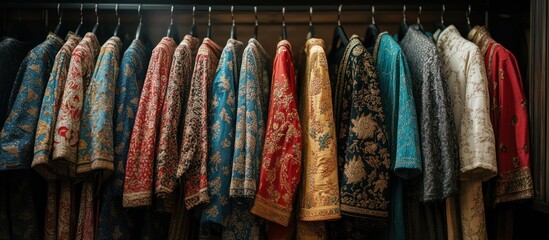Closeup of an array of colorful, patterned jackets hanging in a closet.