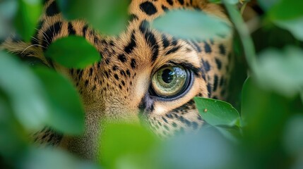 Obraz premium Leopard's eye looking through greenery, framed by nature