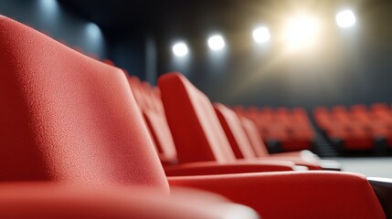 A row of vibrant red theater seats under spotlights in an empty auditorium, creating a sense of anticipation and drama in the dimly lit atmosphere.