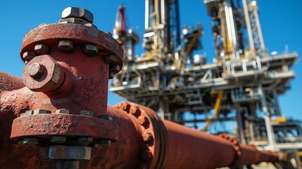 Large rusty industrial valve is connecting pipes at oil rig platform