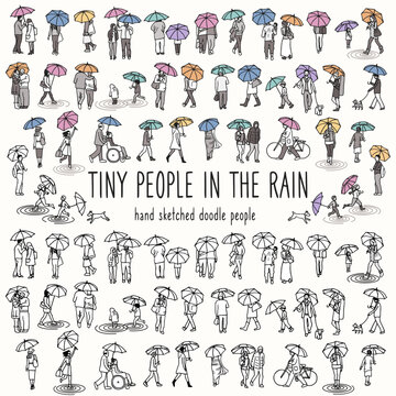 Set of tiny hand drawn people walking with their umbrellas in the rain
