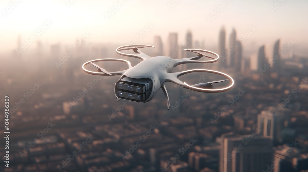 Poster innovative cargo drone with a futuristic shape modular cargo bay and advanced energy storage technol