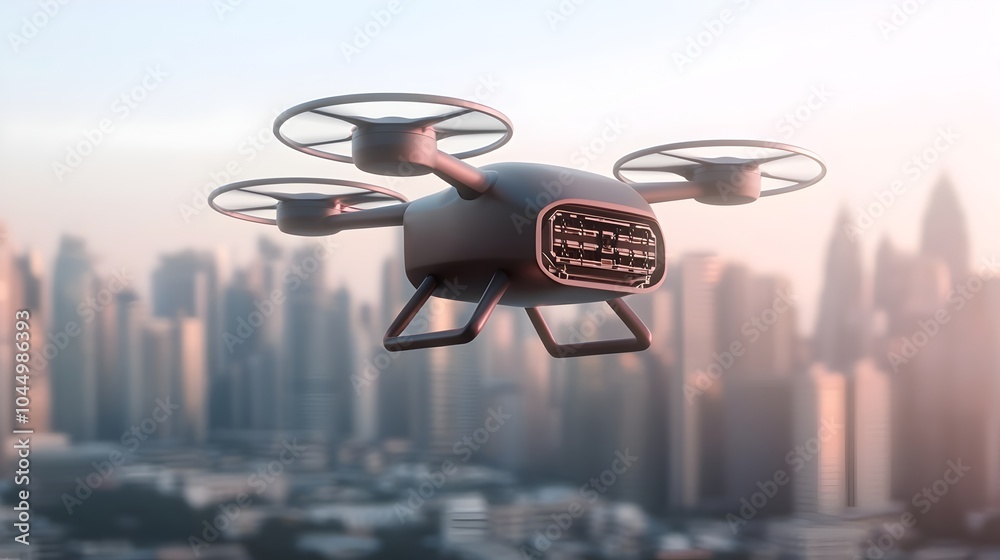 Poster Innovative cargo drone with a futuristic shape modular cargo bay and advanced energy storage system flying over a hyper modern urban area with cutting edge architecture and infrastructure