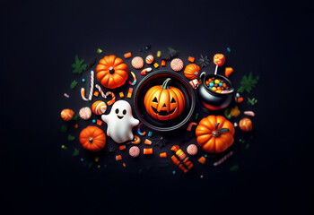 A black background with an assortment of Halloween-themed objects including pumpkins, candy, and a cauldron.