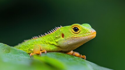 Obraz premium A bright green lizard with striking orange eyes is resting on lush green leaves, beautifully captured against a smooth, blurred background for a stunning contrast.