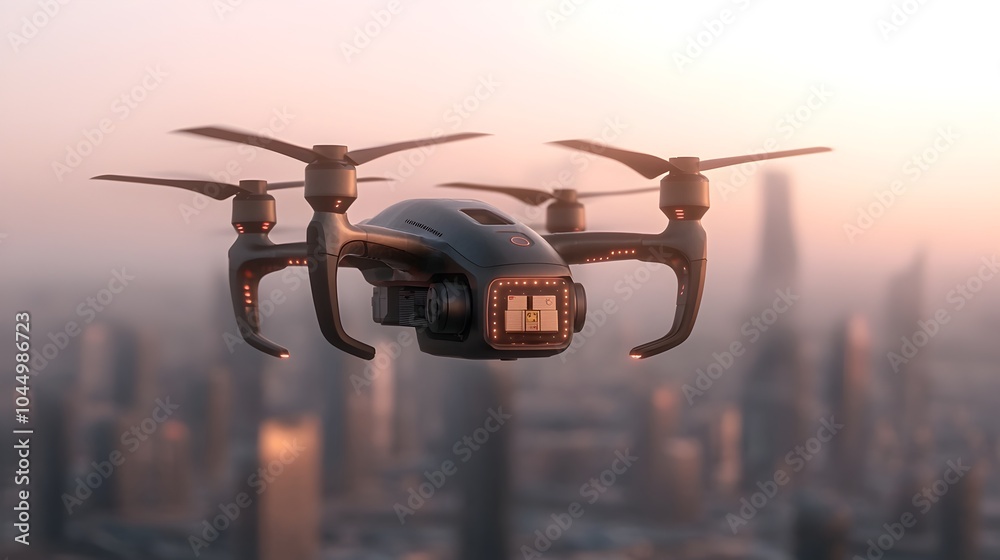 Poster Advanced cargo drone with multiple propellers and smart package delivery system gliding through a high tech cityscape of the future
