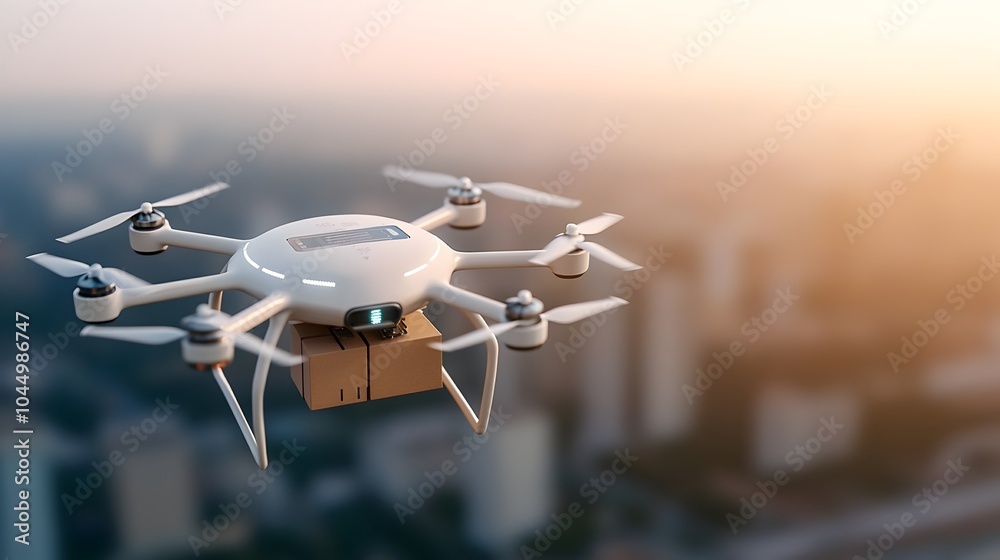 Poster Advanced cargo drone with multiple propellers and smart package delivery system gliding through a high tech cityscape of the future
