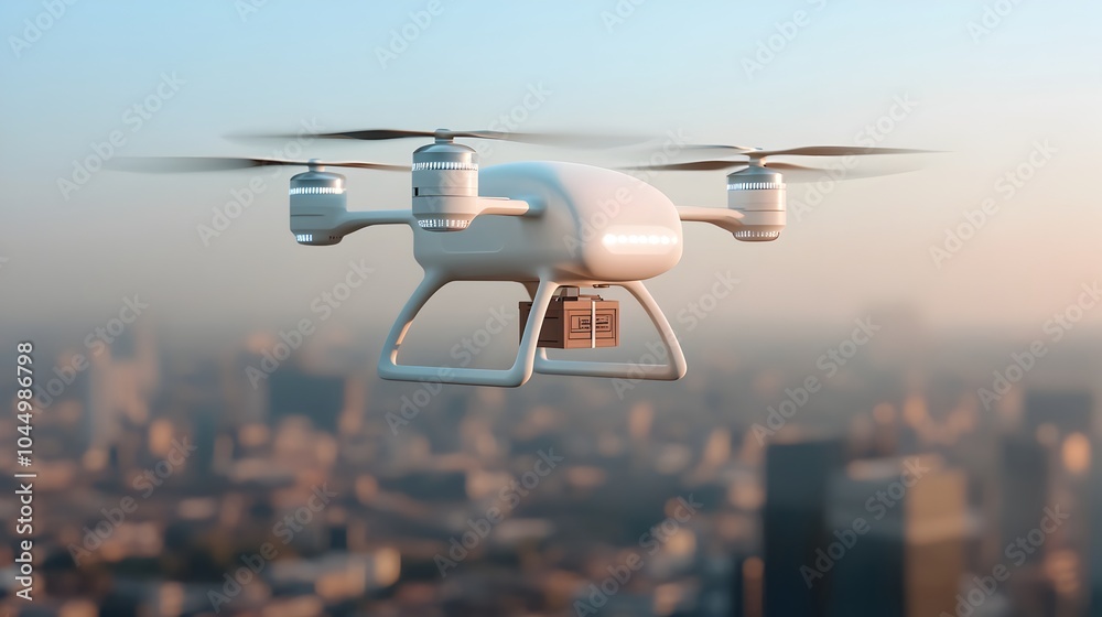 Aufkleber Futuristic cargo drone with multiple propellers gliding through a high tech cityscape showcasing a smart package delivery system of the future