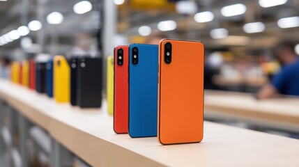 Fototapeta premium An array of colorful smartphones, including orange, blue, and black, is lined up on an assembly line. The blurred background suggests a bustling manufacturing environment.