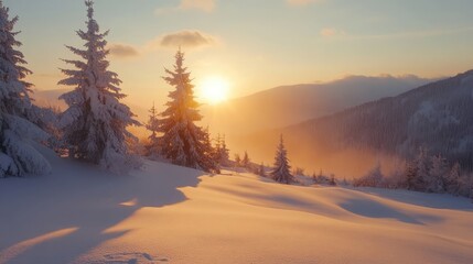 Majestic sunrise in the winter mountain landscape