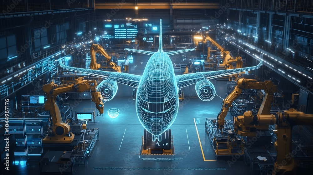 Aufkleber an industrial factory floor with robotic arms assembling a wireframe model of a plane.