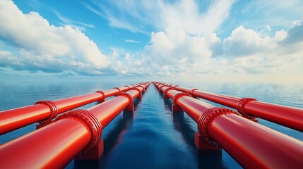Red gas pipes crossing the ocean on a cloudy day