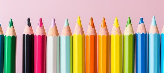 Colorful palette of sharpened pencils arranged neatly on a pastel background