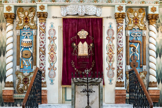 Torah arc also known as hekhal or aron qodesh and temple menorah in the Great Synagogue in Wlodawa, Poland