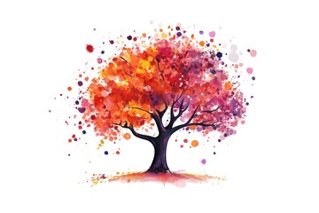 A vibrant watercolor tree with a colorful, abstract canopy, featuring reds, oranges, and purples, set against a white background.