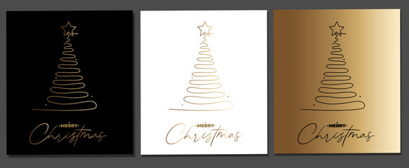 Vector set of continuous line cards of gold new year tree. Merry Christmas concept on white, gold and black background