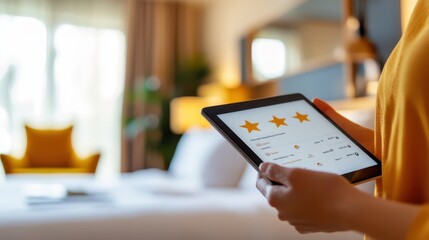 A woman in casual attire holds a tablet displaying a three-star hotel service rating, suggesting an average customer satisfaction experience in modern hospitality.