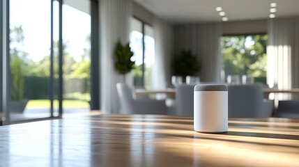 Fototapeta premium Modern Living Room with Smart Speaker and Garden View. Concept of smart home technology, voice-controlled devices, modern interior design, cozy living space, and home automation.
