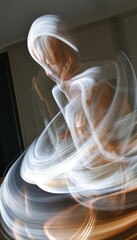 Fototapeta premium Abstract photo of a human figure with blurred lights creating a swirling, ethereal effect.