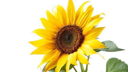 Fototapeta premium A vibrant sunflower with bright yellow petals and a rich brown center, symbolizing warmth and cheerfulness against a light background.