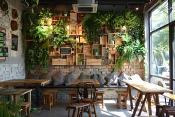 Fototapeta premium Eco-conscious vegan café: green technologies and natural materials in design
