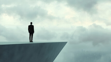 Obraz premium Contemplative businessperson on an edge overlooking a foggy cityscape