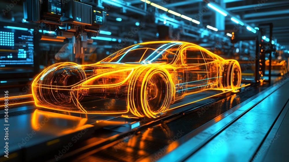 Aufkleber an orange glowing outline of a futuristic car is on an assembly line in a factory.