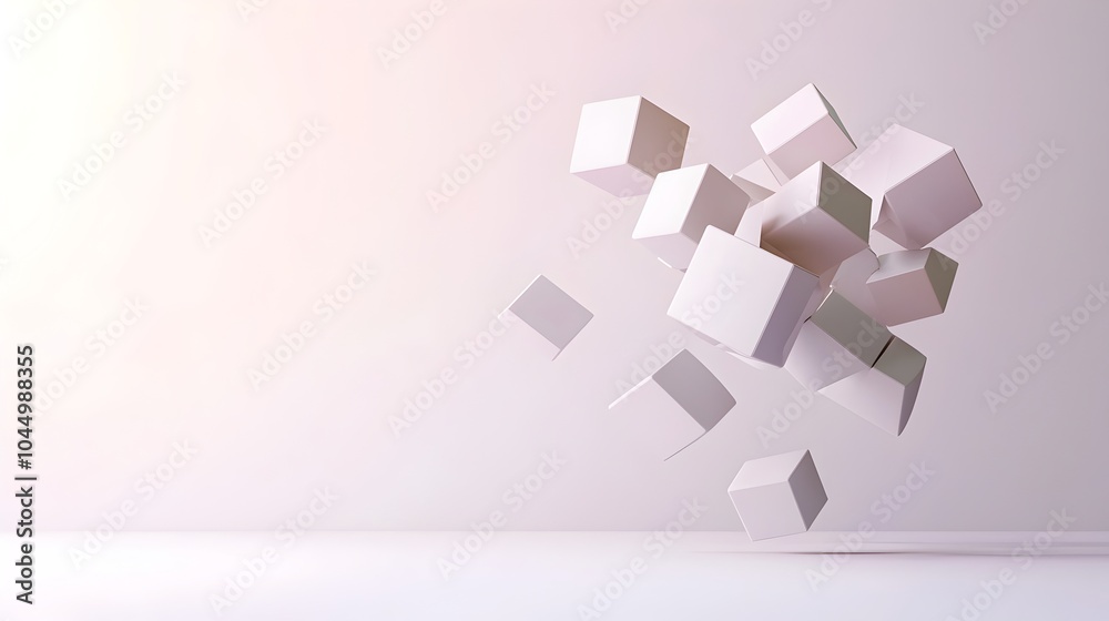 Poster Tranquil Futuristic Floating Geometric Shapes Blending with Soft Light on a Minimalist White Background Creating a Sleek Sci Fi Aesthetic