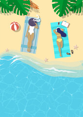 Young woman friends cartoon characters wearing swimwear relaxing on tropical beach sunbathing at seashore enjoying summer vacation vector illustration