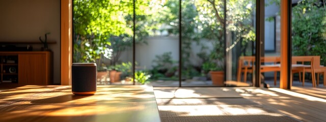 Fototapeta premium Modern Living Room with Smart Speaker and Garden View. Concept of smart home technology, voice-controlled devices, modern interior design, cozy living space, and home automation.